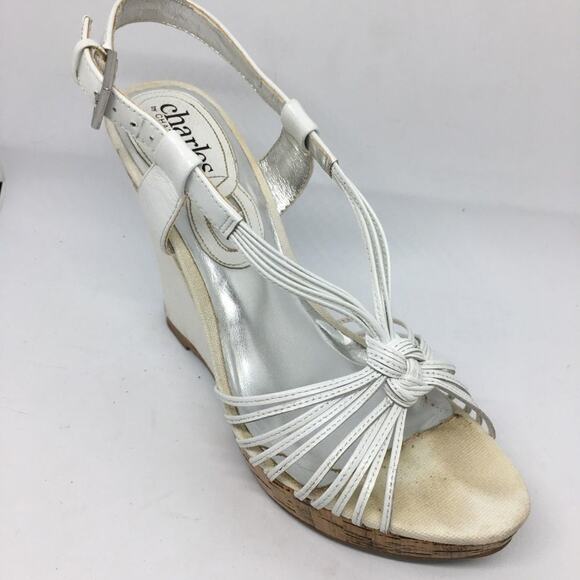 Charles white leather heels , wedge heel white strappy style straps silver clasp - Picture 2 of 6